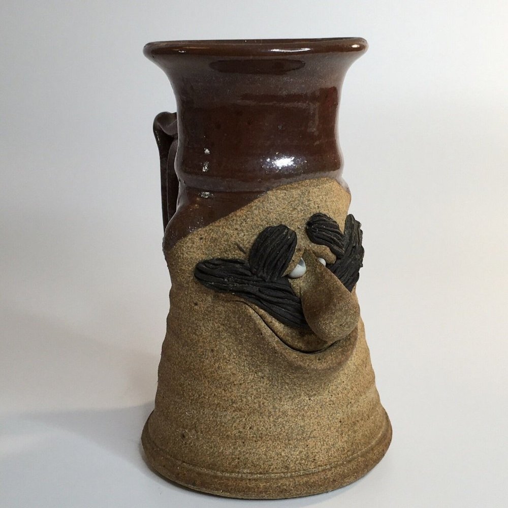 Mug Man Smiling Art Studio Pottery 3-D Face Glazed Stoneware Cup Mustache Nose